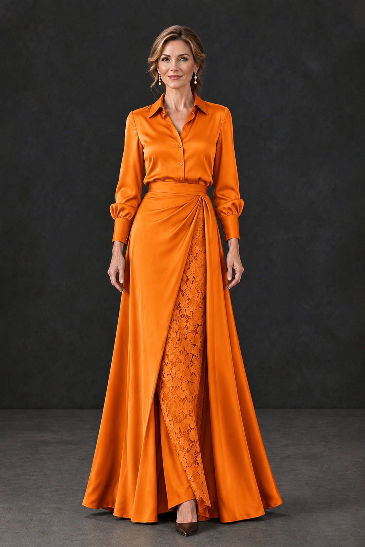 BOLODOO Orange Long Sleeve Satin-Look Lace Panel Gown - Orange - Orange_4