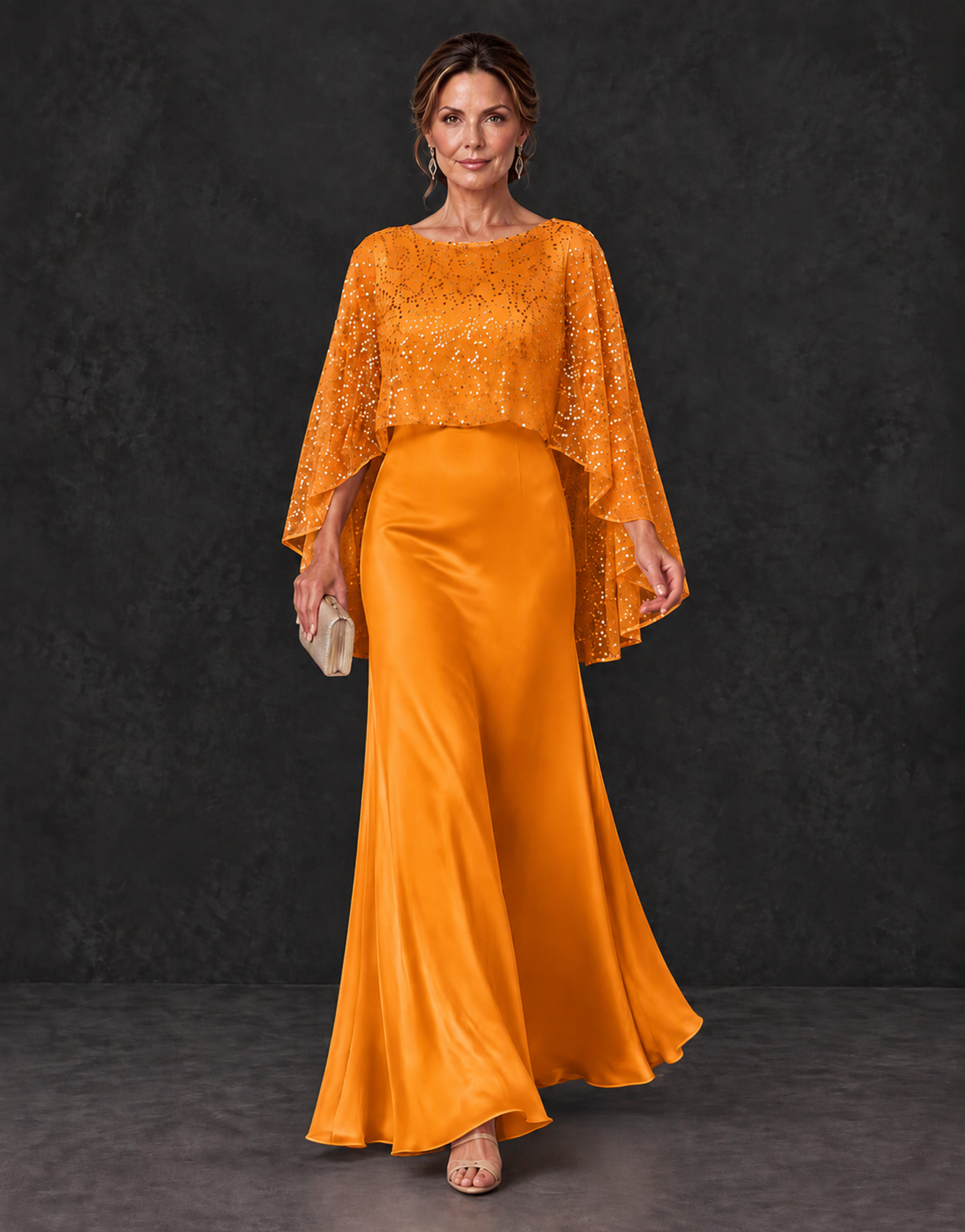 BOLODOO Orange Sparkle Cape Sleeve Mother of the Bride Dress - Orange - Orange_4