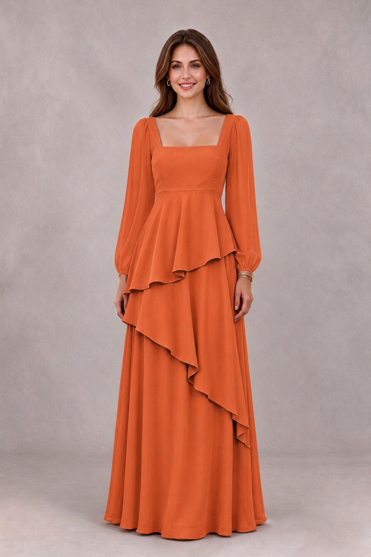 BOLODOO Orange Long Sleeve Ruffle Bridesmaid Dresses - Orange - Orange_4
