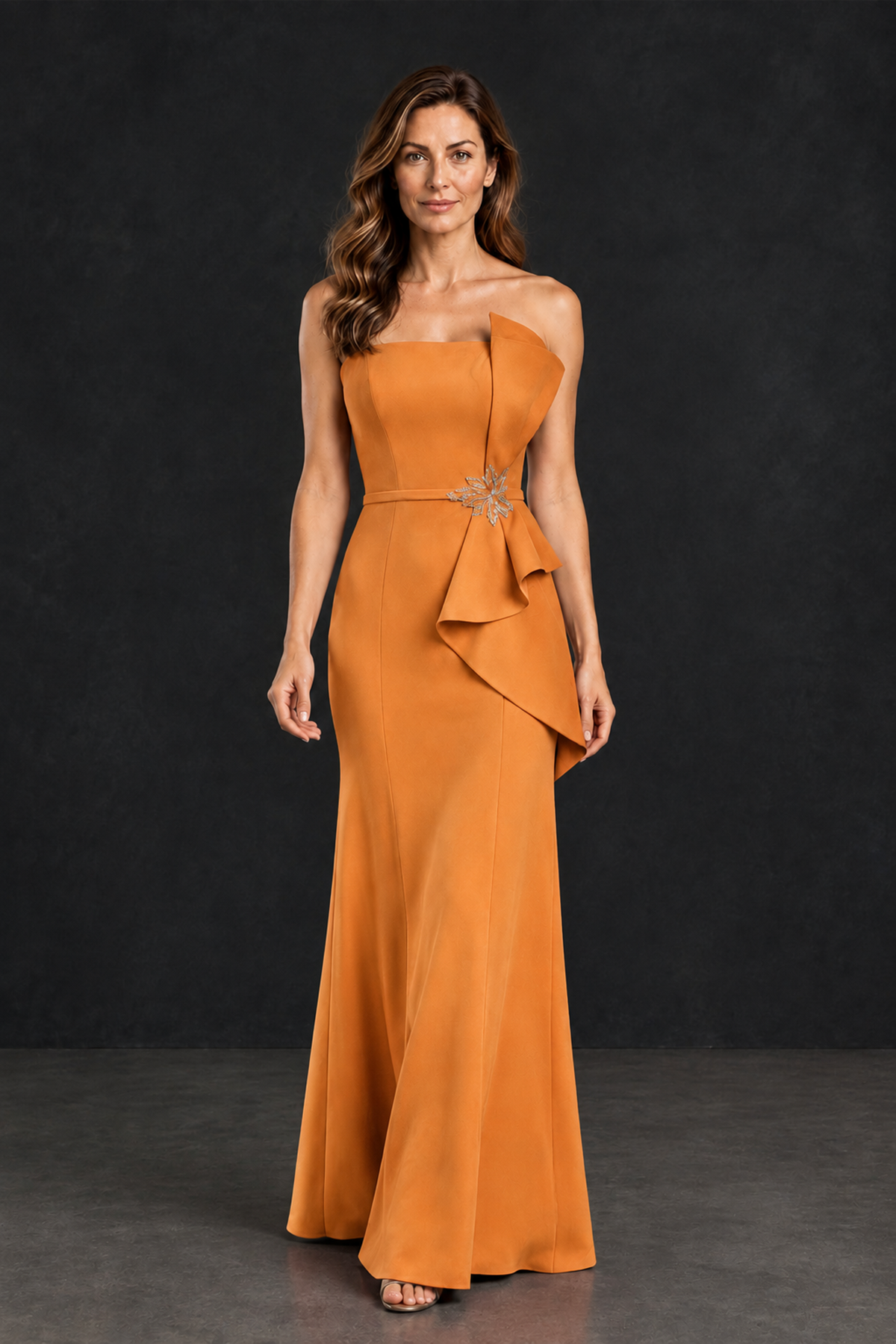 BOLODOO Orange Strapless Mother of the Bride Dress with Ruffle Detail - Orange - Orange_4