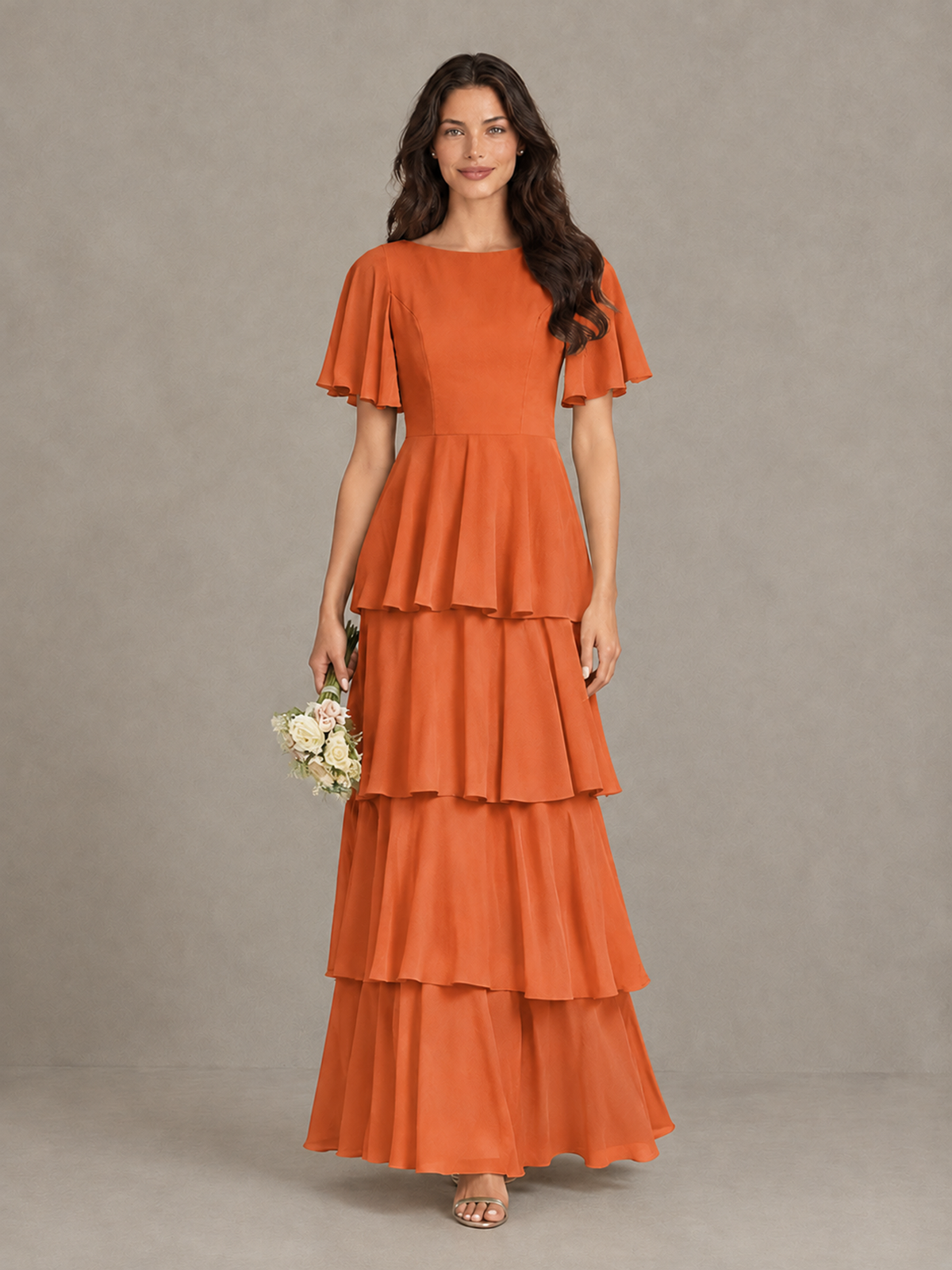 BOLODOO Orange Tiered Flutter Sleeve Bridesmaid Dress - Orange - Orange_4