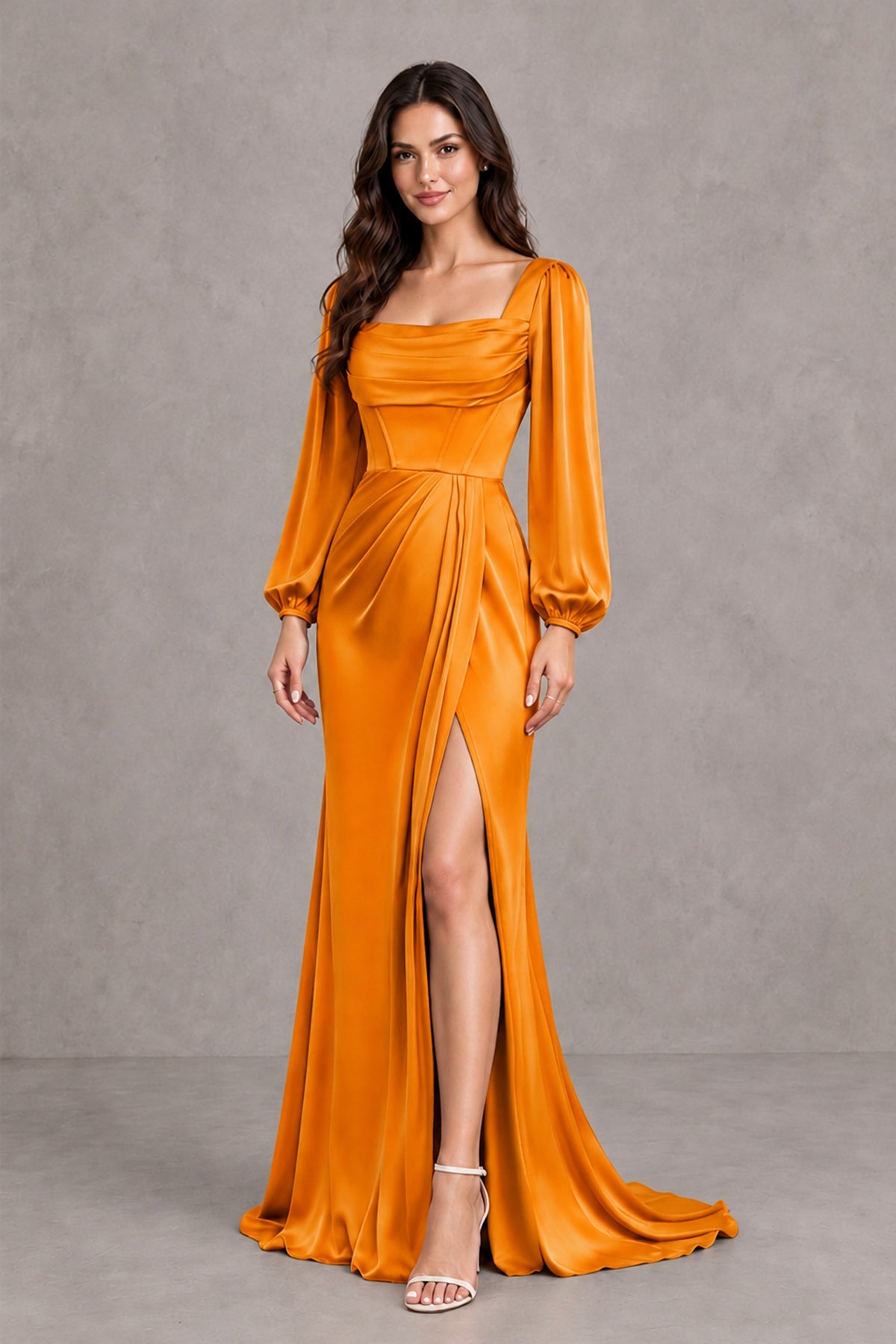 BOLODOO Orange Satin-Look Long Sleeve Evening Dress with High Slit - Orange - Orange_4