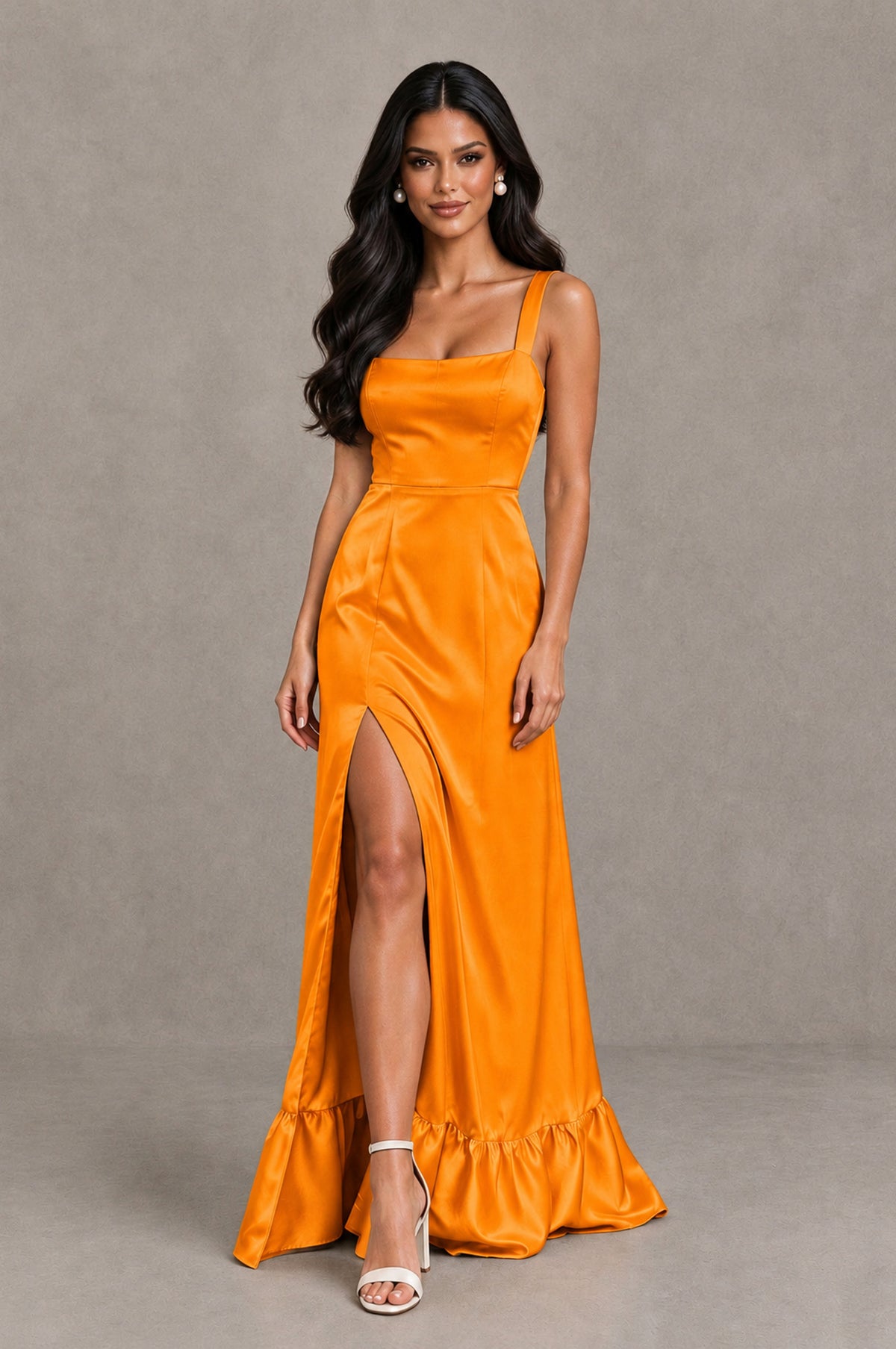 BOLODOO Orange Square Neck Satin Evening Dress with Lace-Up Back and High Slit - Orange - Orange_4