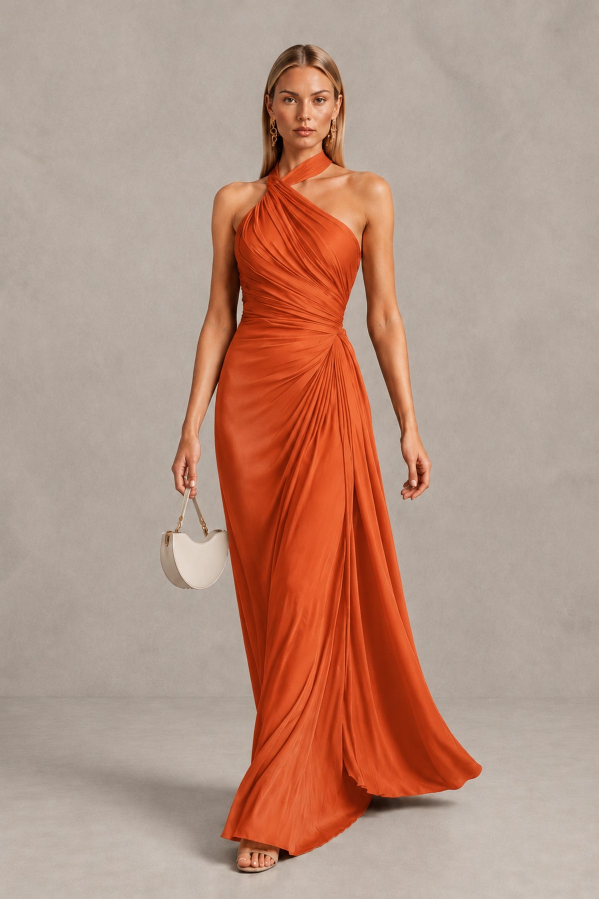 BOLODOO Orange Twisted Halter Neck Ruched Sleeveless Open Back Floor-Length Gown - Orange - Orange_4