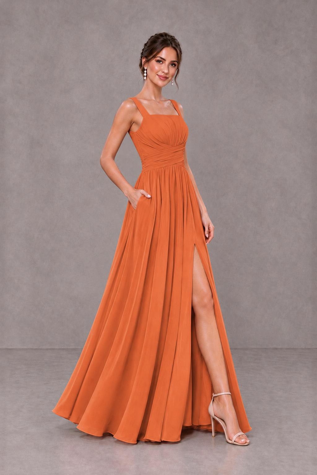 BOLODOO Orange Square Neck A-Line Bridesmaid Dress with Slit - Orange - Orange_4