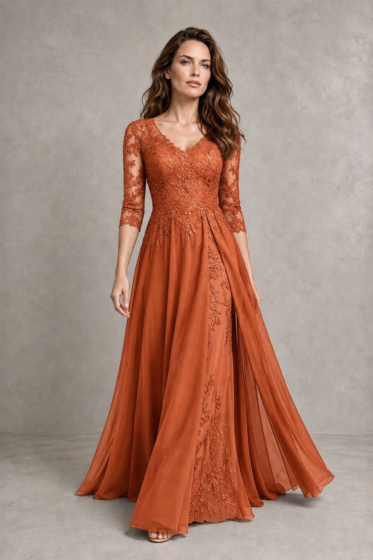 BOLODOO Midnight Orange Beaded Lace Appliqué Chiffon A-Line Gown | Mother of the Bride & Formal Evening Dress - Orange - Orange_4