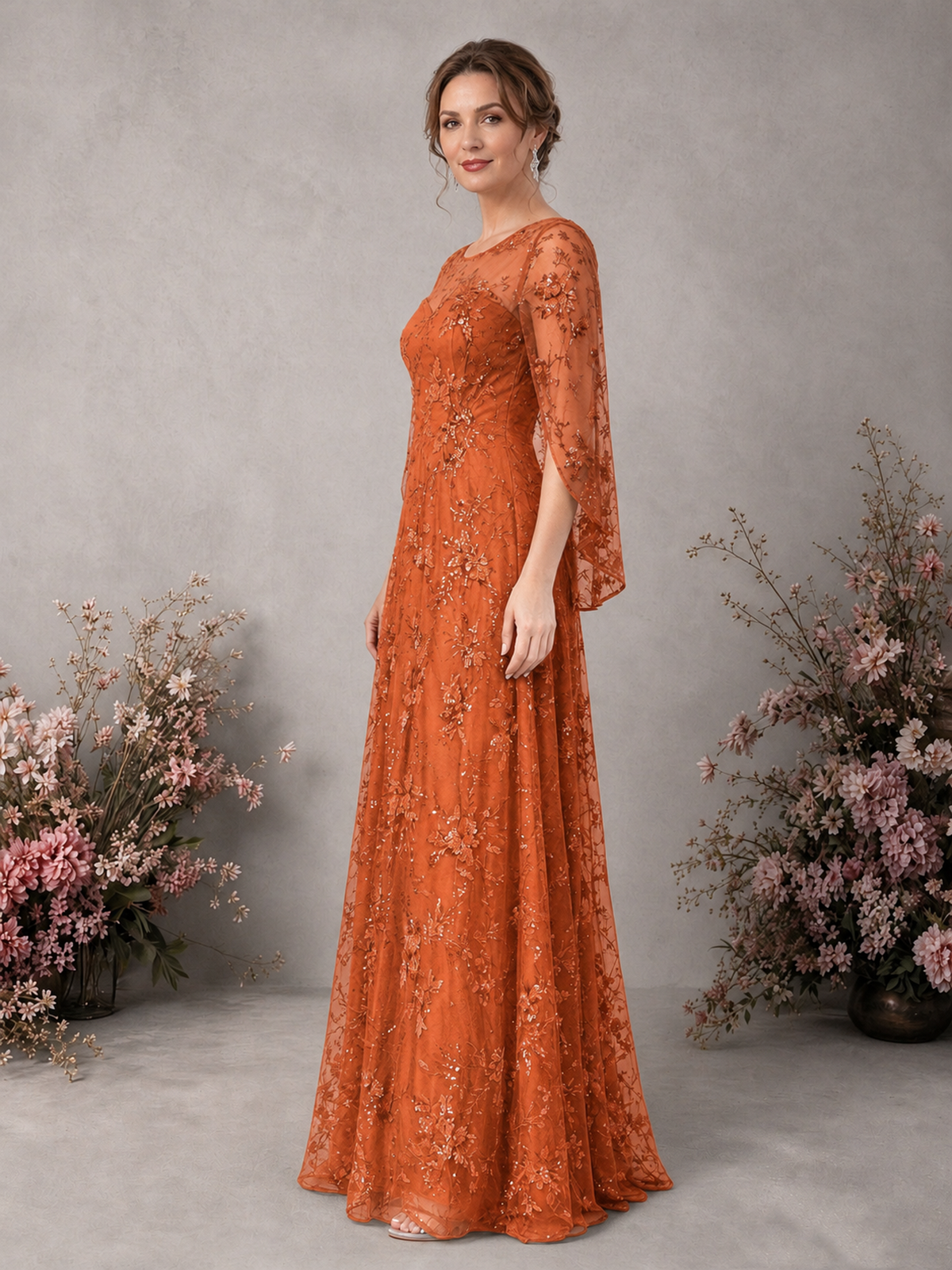 BOLODOO Orange Sequin Lace Cape Sleeve Formal Evening Gown - Orange - Orange_4