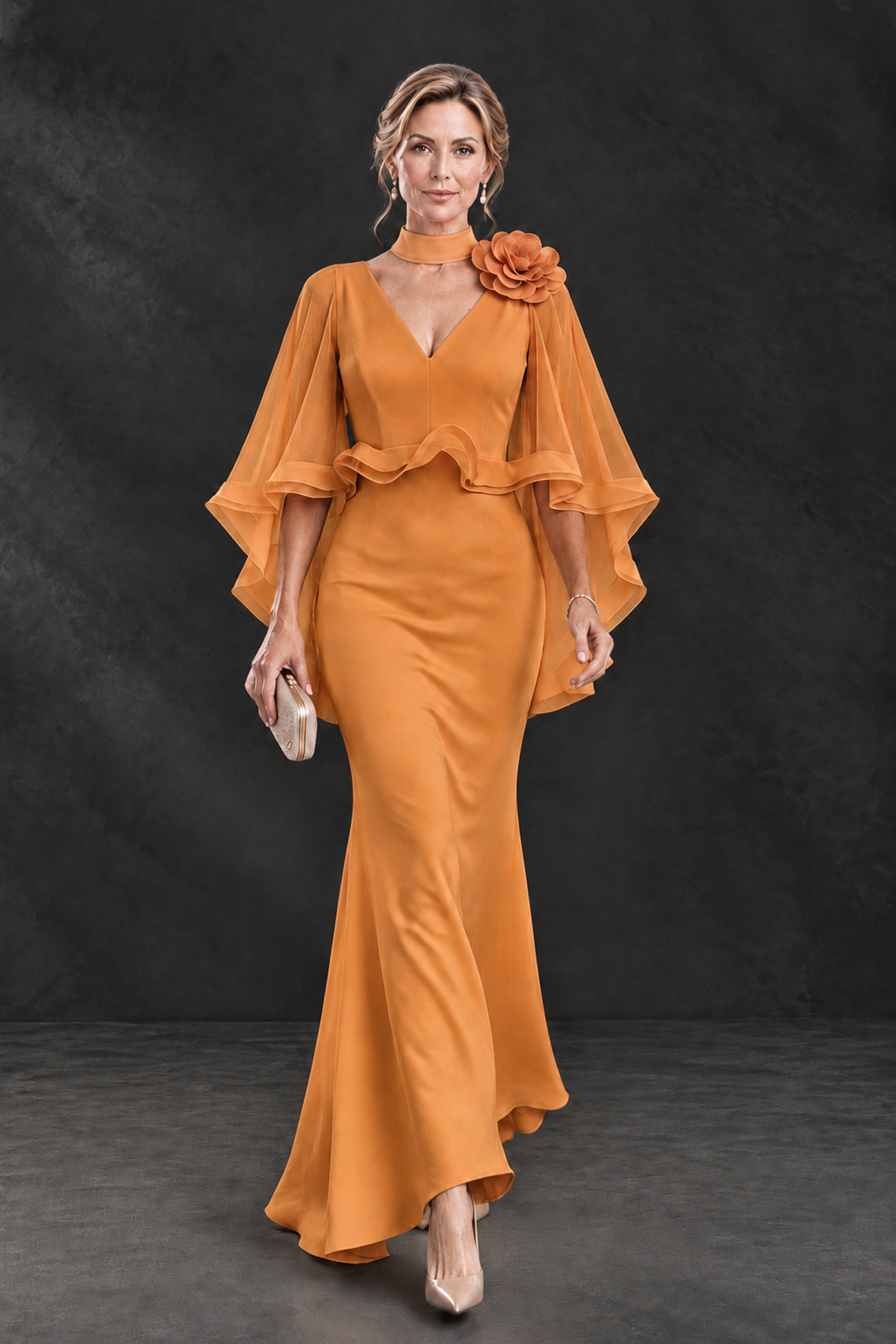 BOLODOO Orange Floral Cape Sleeve Mother of the Bride Dress - Orange - Orange_4