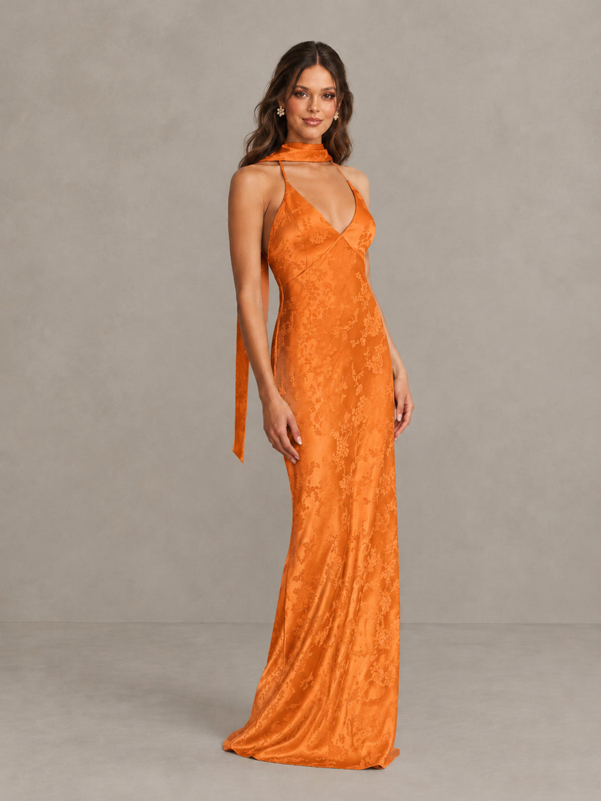 BOLODOO Orange Floral Satin Open-Back Bridesmaid Dress - Orange - Orange_4