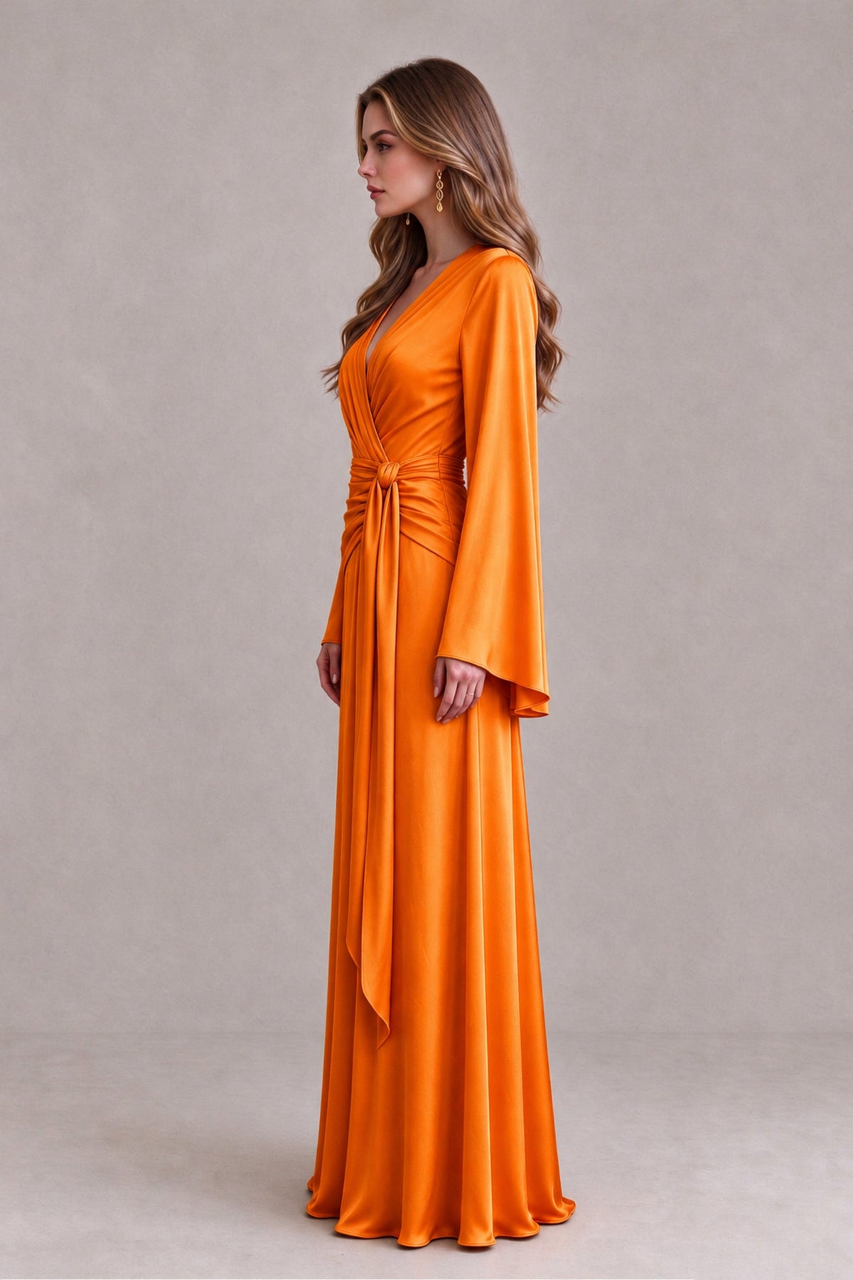 BOLODOO Orange Yellow Satin-Look V-Neck Long Bell Sleeve Evening Dress - Orange - Orange_4