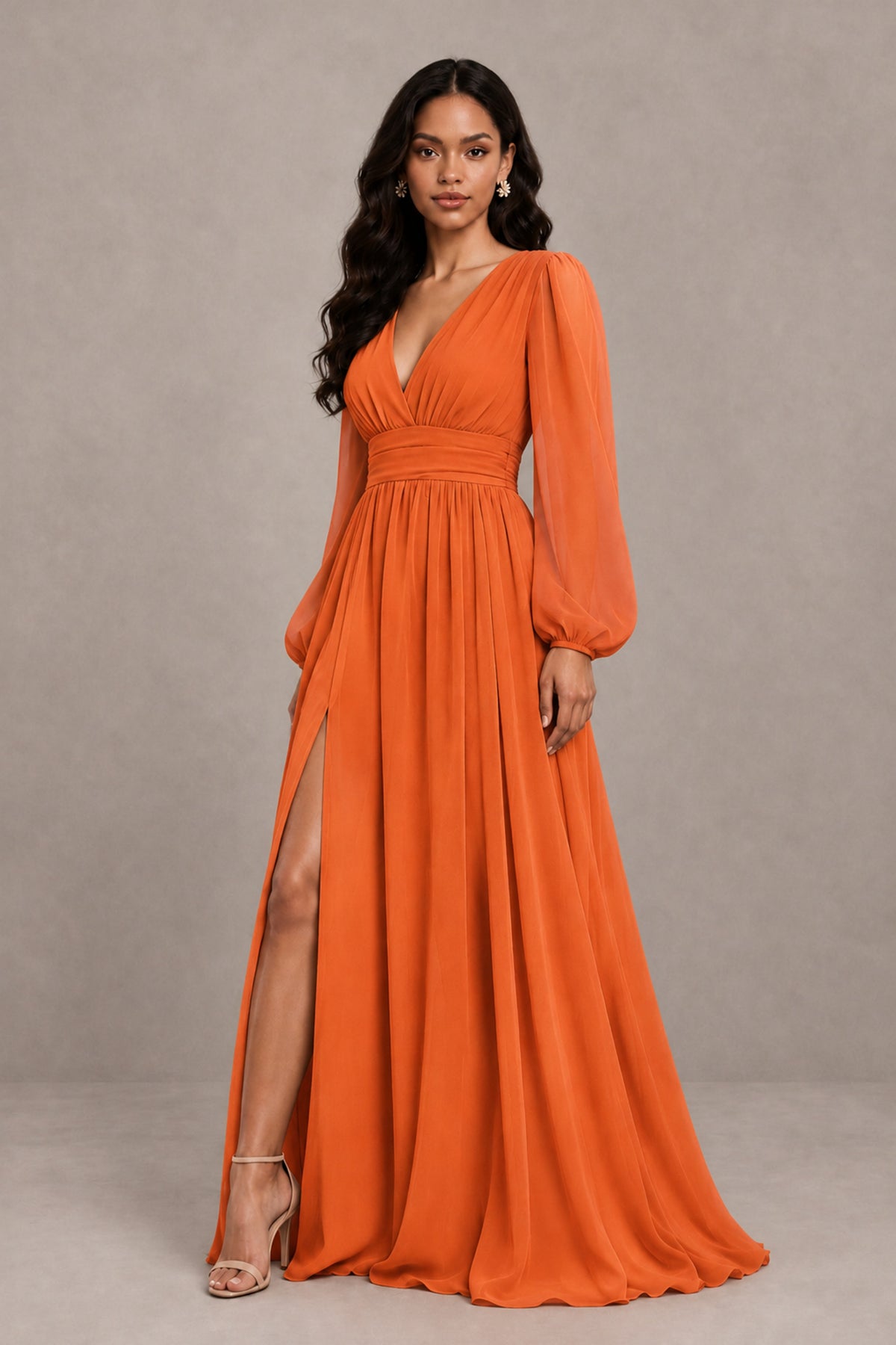 BOLODOO Orange Long Sleeve V-Neck A-Line Gown with Open Back & Slit - Orange - Orange_4