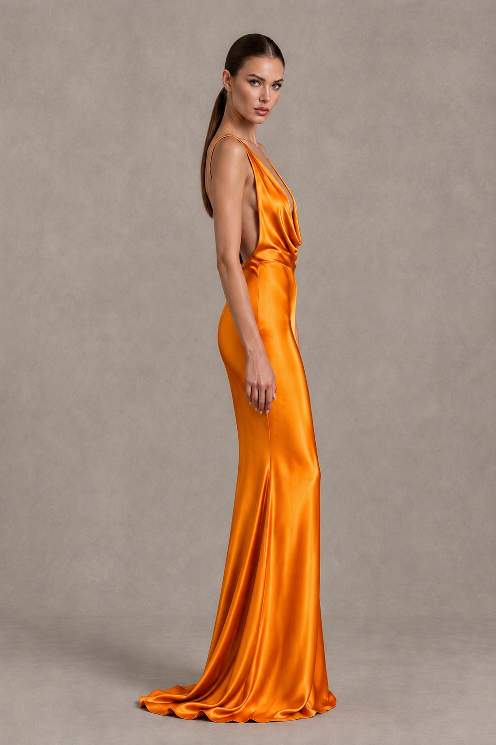 BOLODOO Orange Cowl Neck Backless Satin Mermaid Evening Dress - Orange - Orange_4