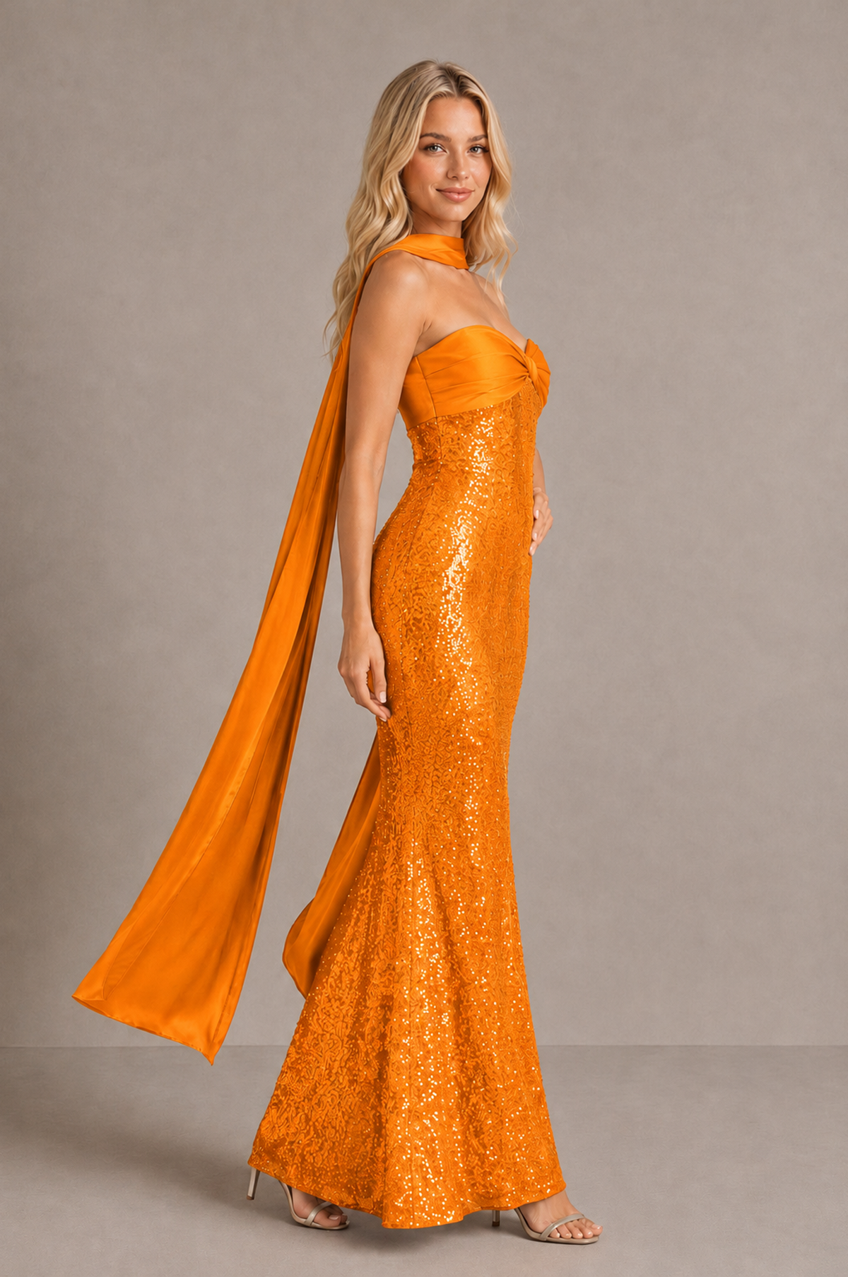 BOLODOO Orange Strapless Sweetheart Evening Dress with Scarf - Orange - Orange_4