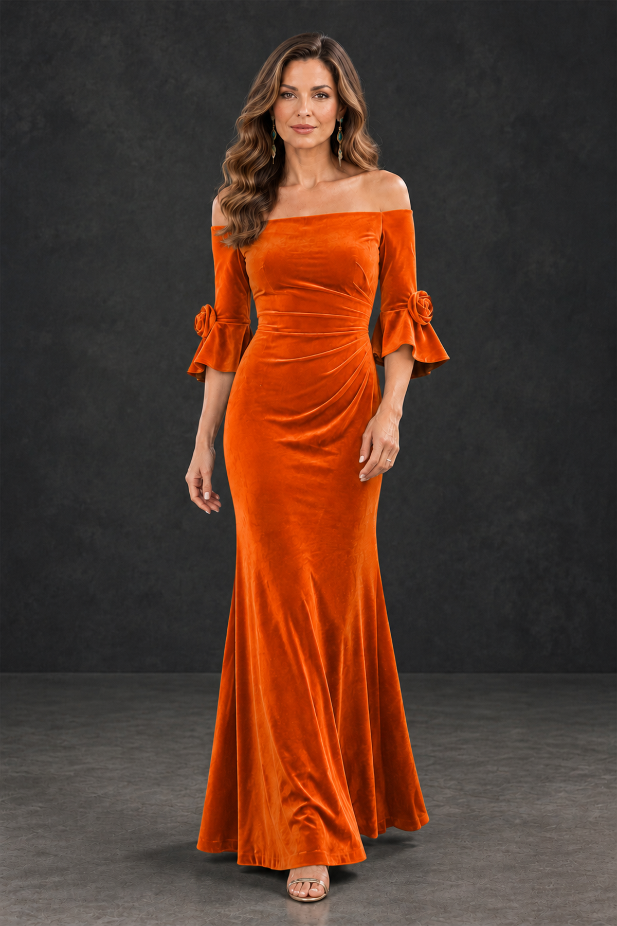 BOLODOO Orange Velvet Mother of the Bride Dress with Rosette Sleeves - Orange - Orange_4