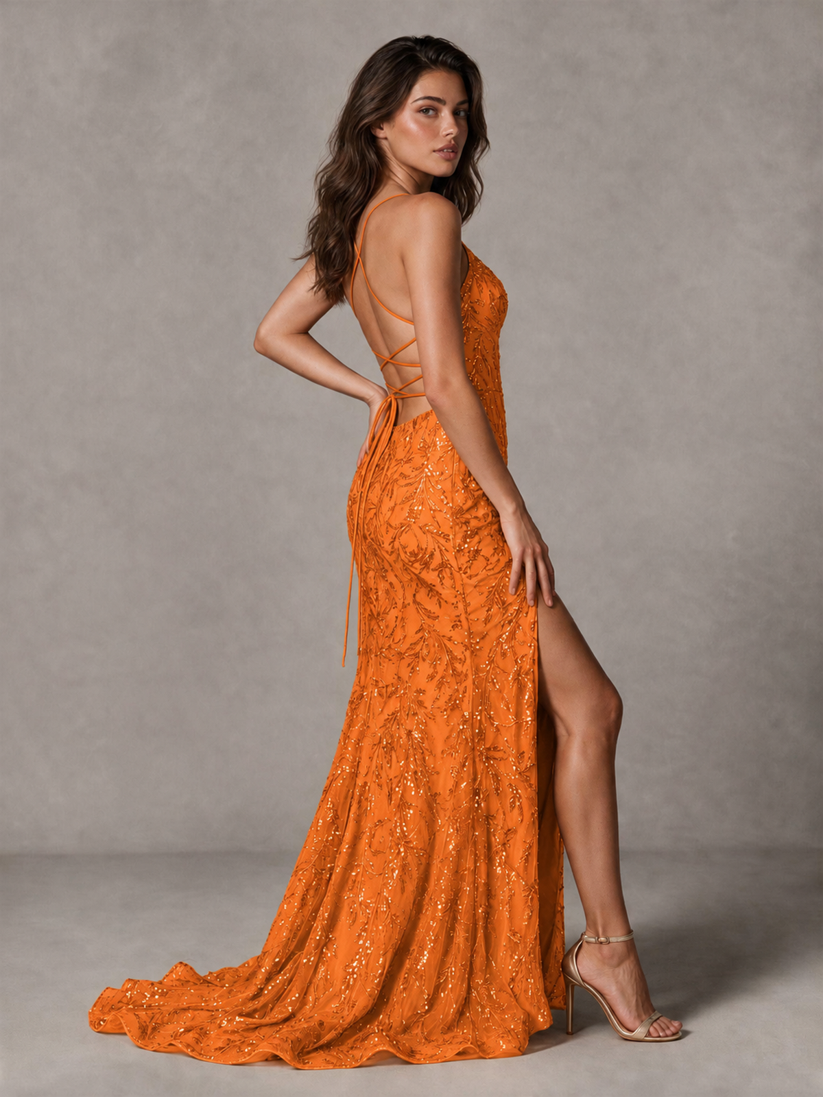 BOLODOO Orange Sequin Prom Dress with Lace-Up Back and High Slit - Orange - Orange_4