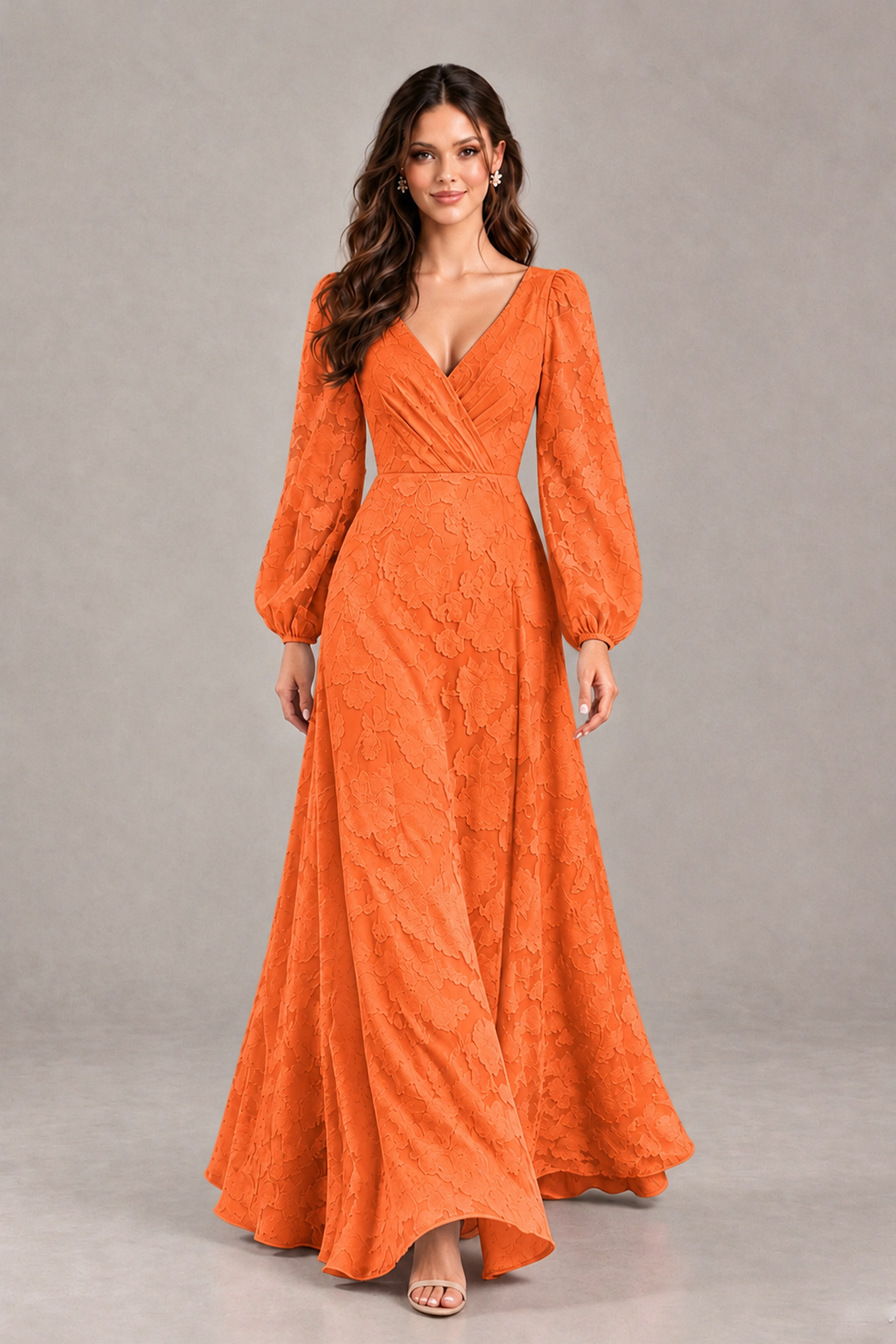 BOLODOO Orange Long Sleeve V-Neck A-Line Mother of the Bride Dress - Orange - Orange_4