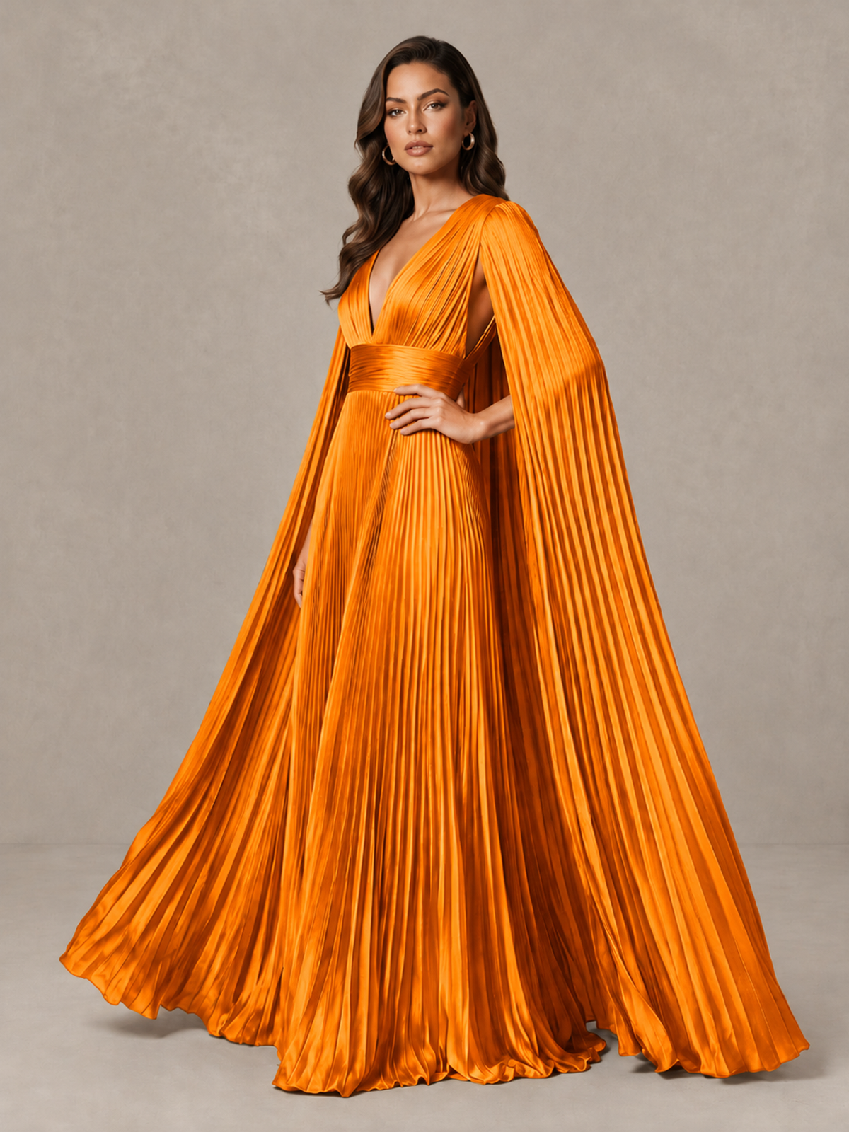 BOLODOO Orange Deep V-Neck Pleated Cape Sleeve Evening Gown - Orange - Orange_4