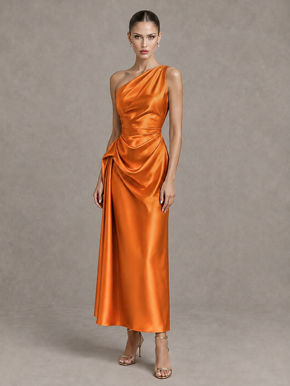 BOLODOO Orange One Shoulder Satin Cocktail Dress with Draped A-Line Skirt - Orange - Orange_4
