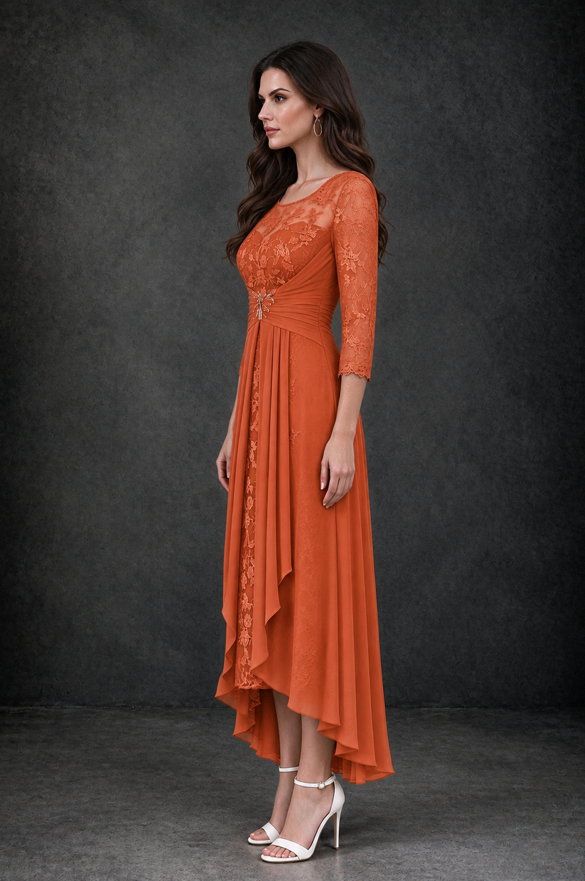 BOLODOO Orange Sequin Lace & Chiffon Tea-Length Mother of the Bride Dress with 3/4 Sleeves - Orange - Orange_5