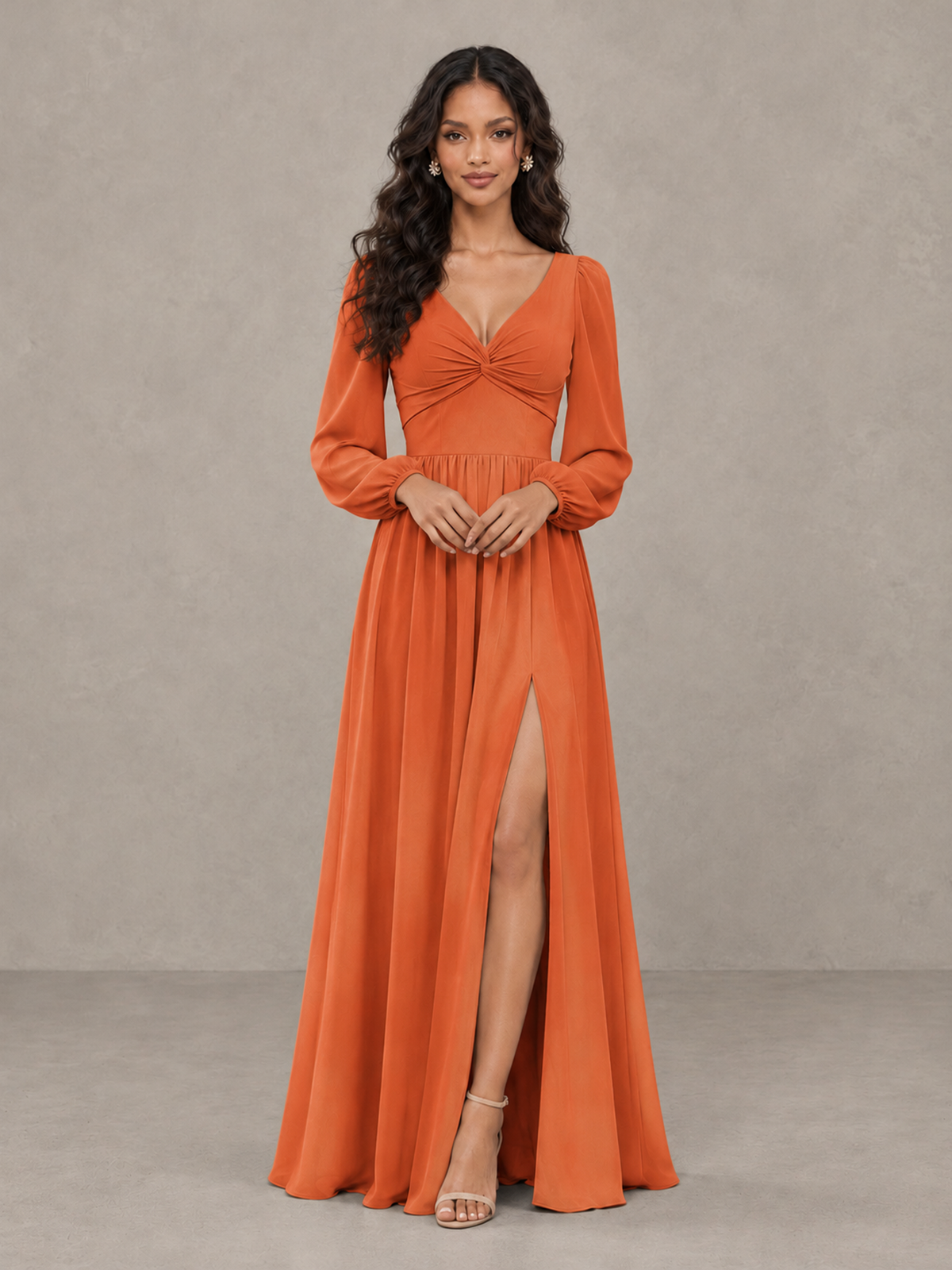 BOLODOO Orange V-Neck Long Sleeve Bridesmaid Dress with Tie Back and Slit - Orange - Orange_5