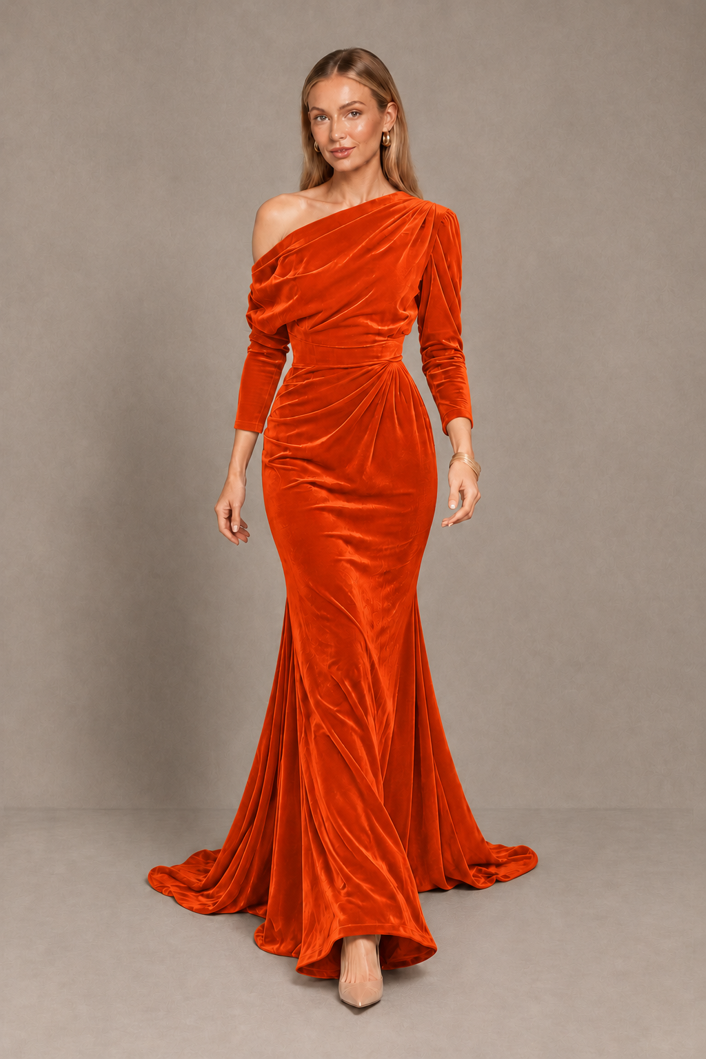 BOLODOO Orange Velvet Asymmetric Neck Mermaid Evening Dress - Orange - Orange_5