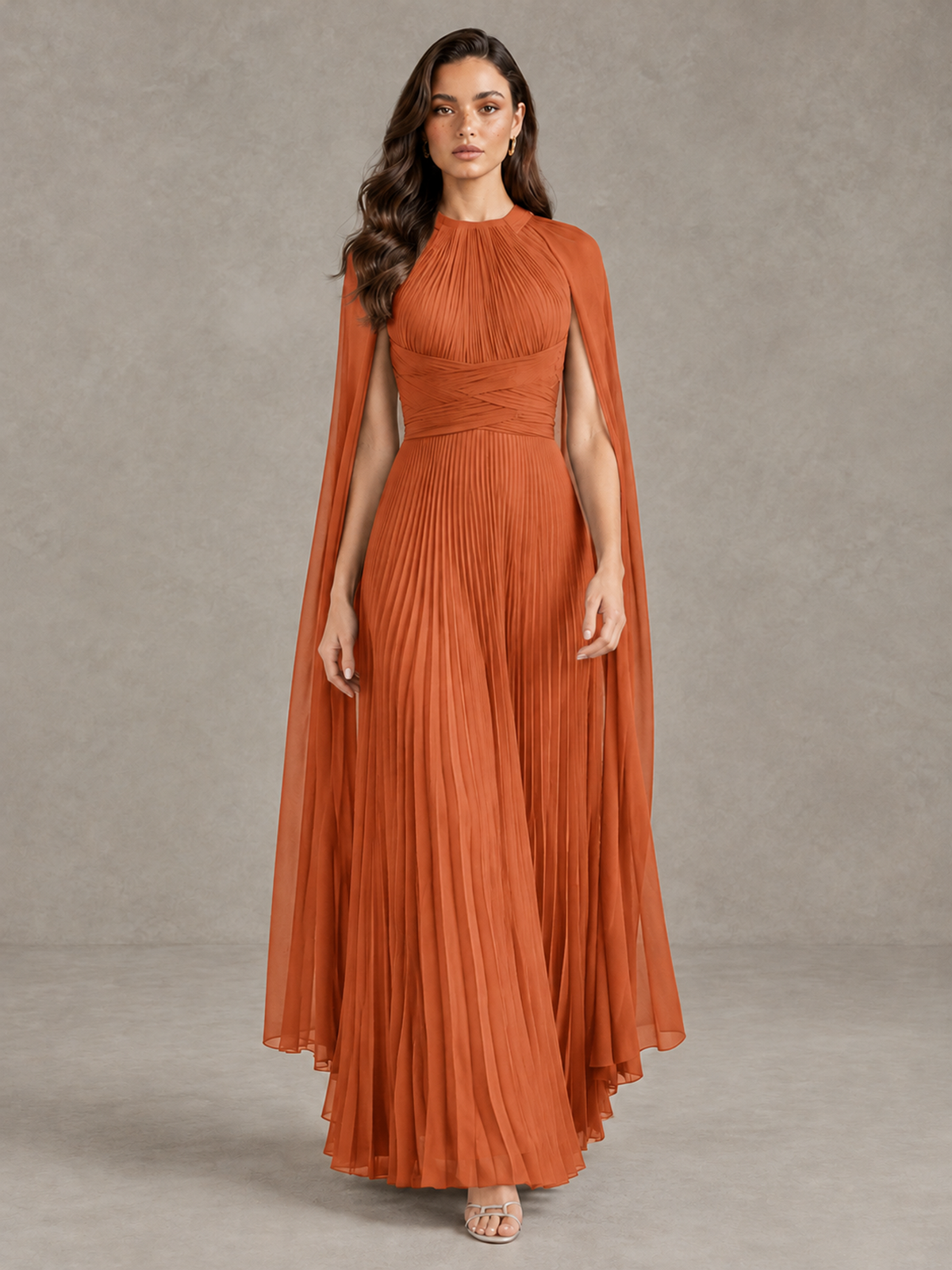 BOLODOO Orange Pleated Cape Maxi Wedding Guest Dress - Orange - Orange (1)