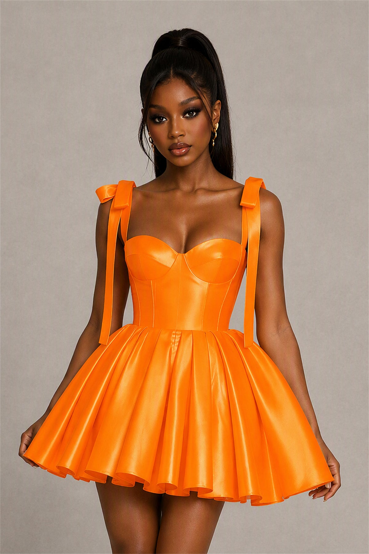 BOLODOO Orange Satin Sweetheart Corset Bow Strap Lace-Up Open Back Full Skirt Mini Dress | Prom Cocktail Party Dress - Orange