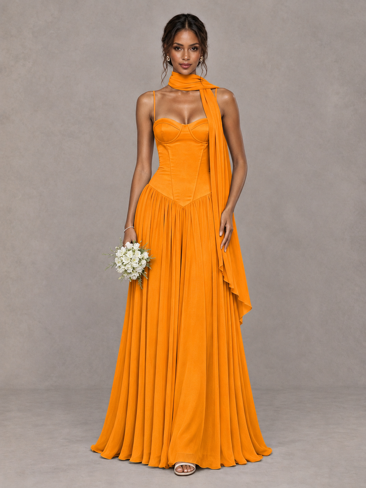 BOLODOO Orange Corset Bridesmaid Dress with Scarf - Orange - Orange (1)