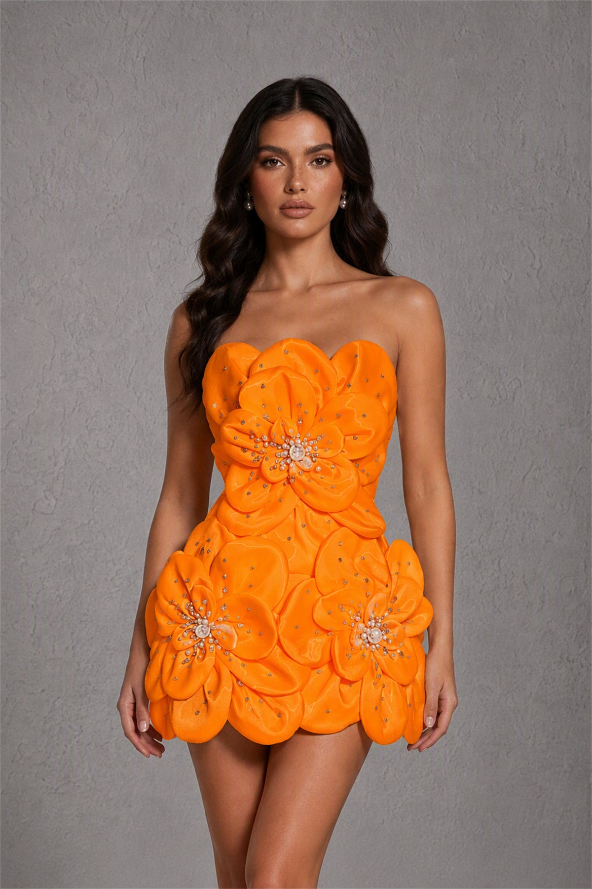 BOLODOO Orange 3D Floral Satin Strapless Mini Wedding Dress - Orange