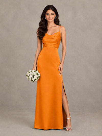BOLODOO Orange Cowl Neck Satin Bridesmaid Dress with Slit - Orange - Orange (1)