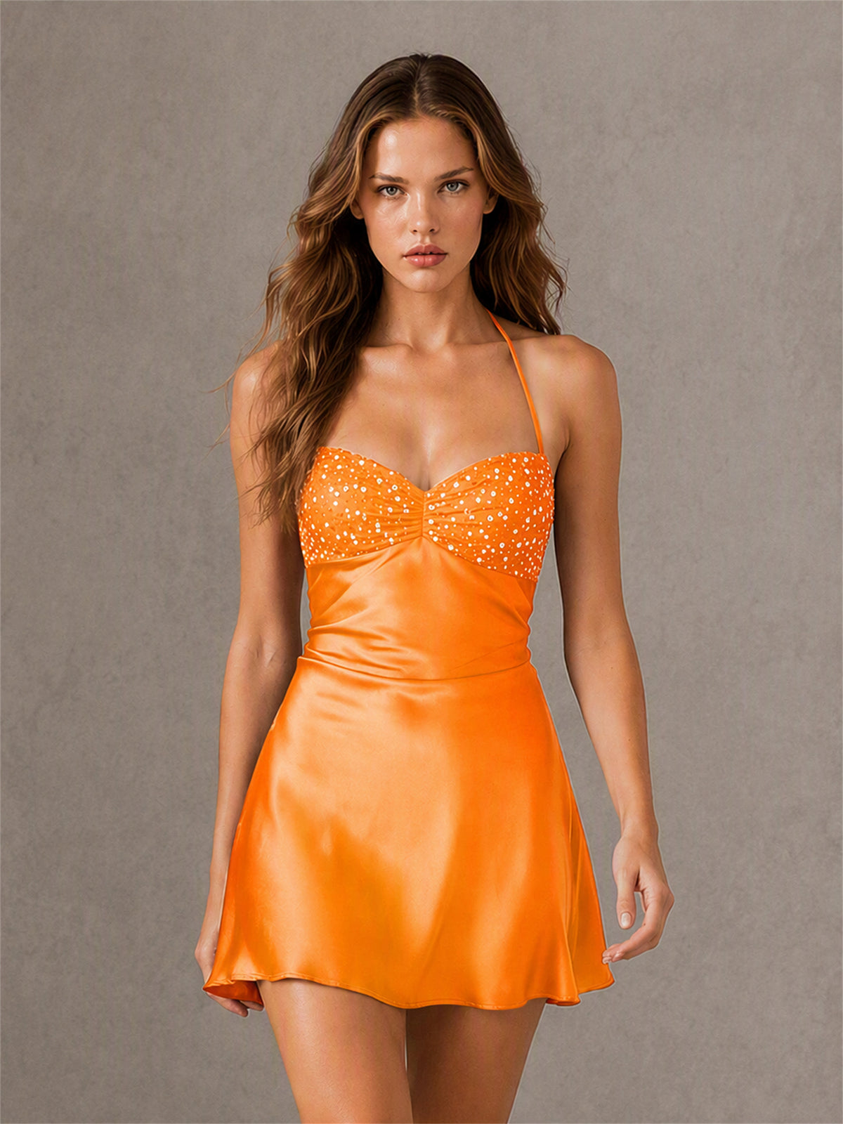 BOLODOO Deep Orange Sequin Bustier Sweetheart Satin A-Line Spaghetti Strap Lace-Up Back Mini Dress - Orange