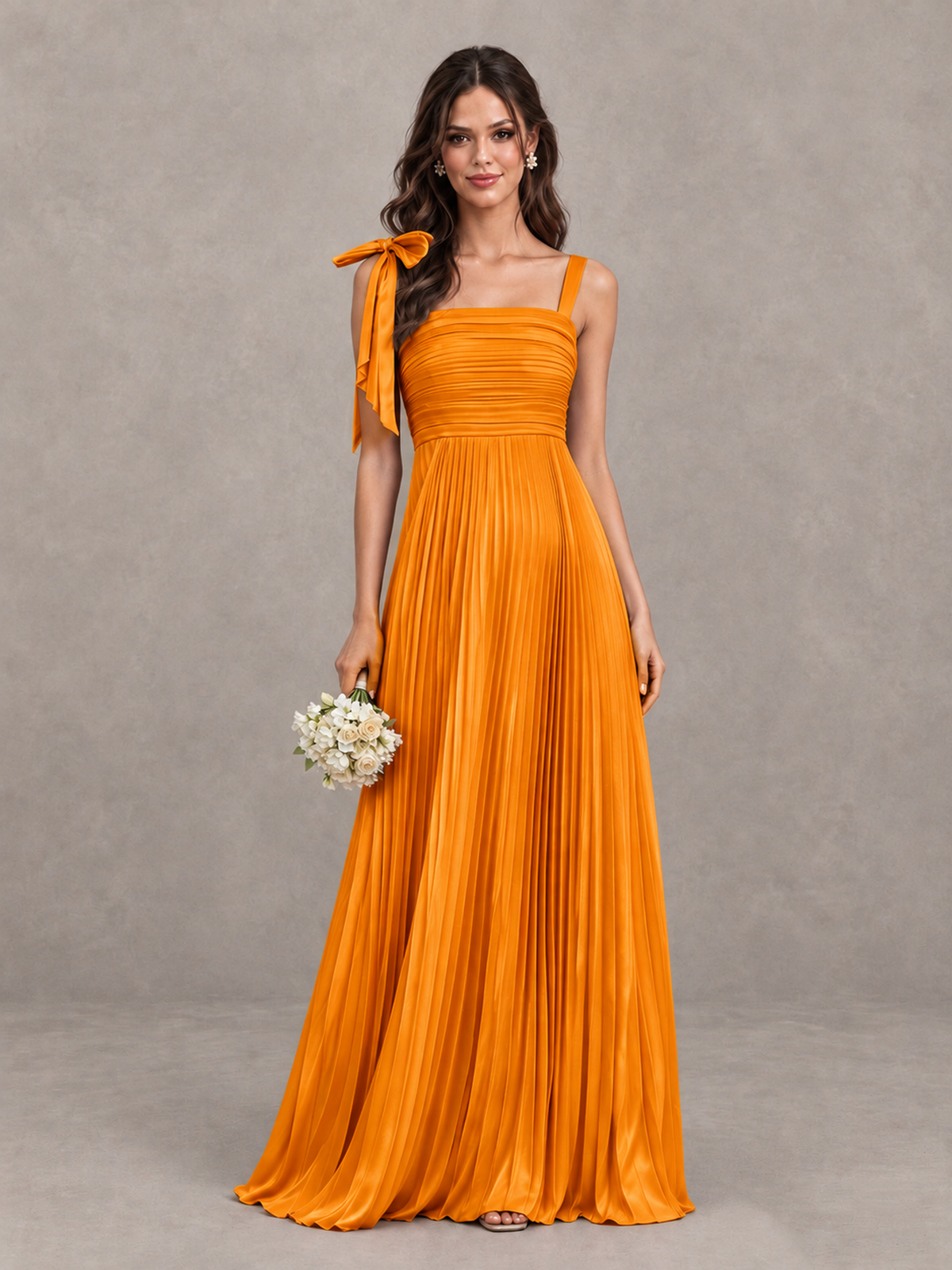 BOLODOO Orange Pleated Bow-Strap Bridesmaid Maxi Dress - Orange - Orange (1)
