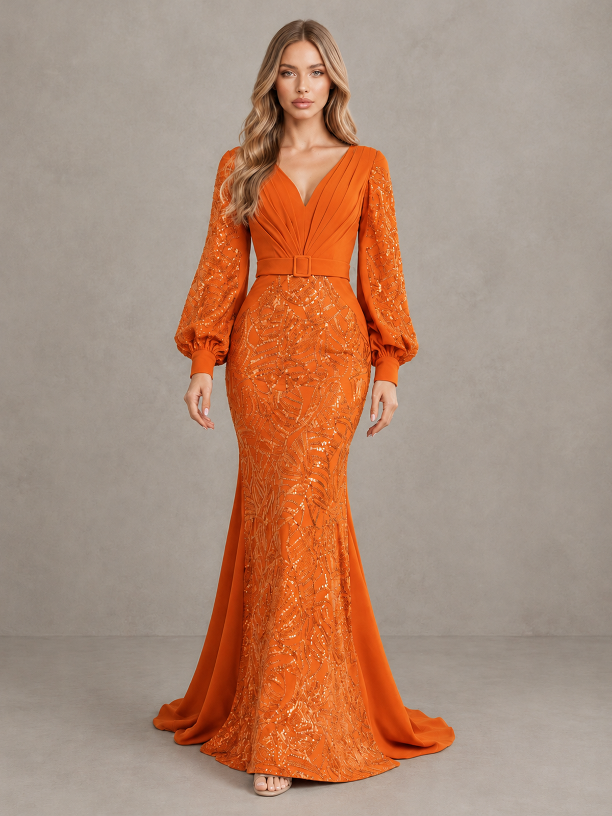 BOLODOO Orange Sequin Long Bishop Sleeve Mermaid Evening Dress - Orange - Orange (1)