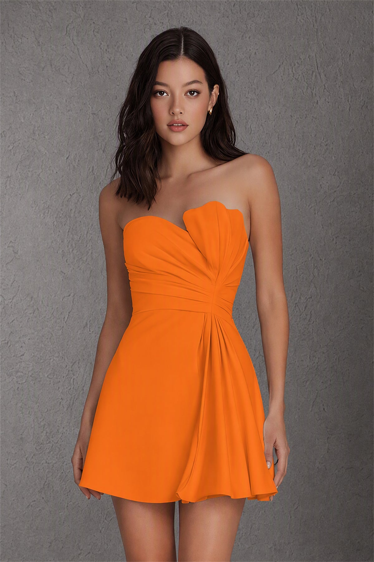 BOLODOO Orange Strapless Sweetheart Ruched A-Line Mini Dress | BD0021 - Orange