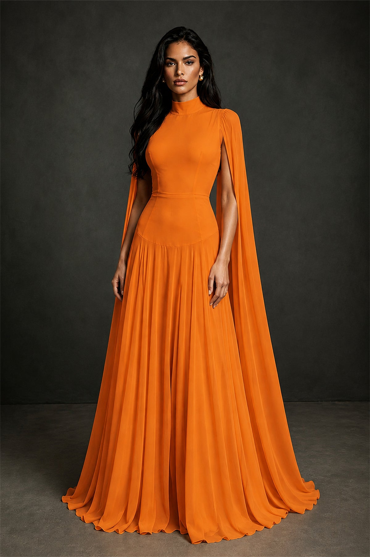 BOLODOO Orange Mock Neck Cape Sleeve A-Line Chiffon Maxi Dress - Orange - Orange (1)