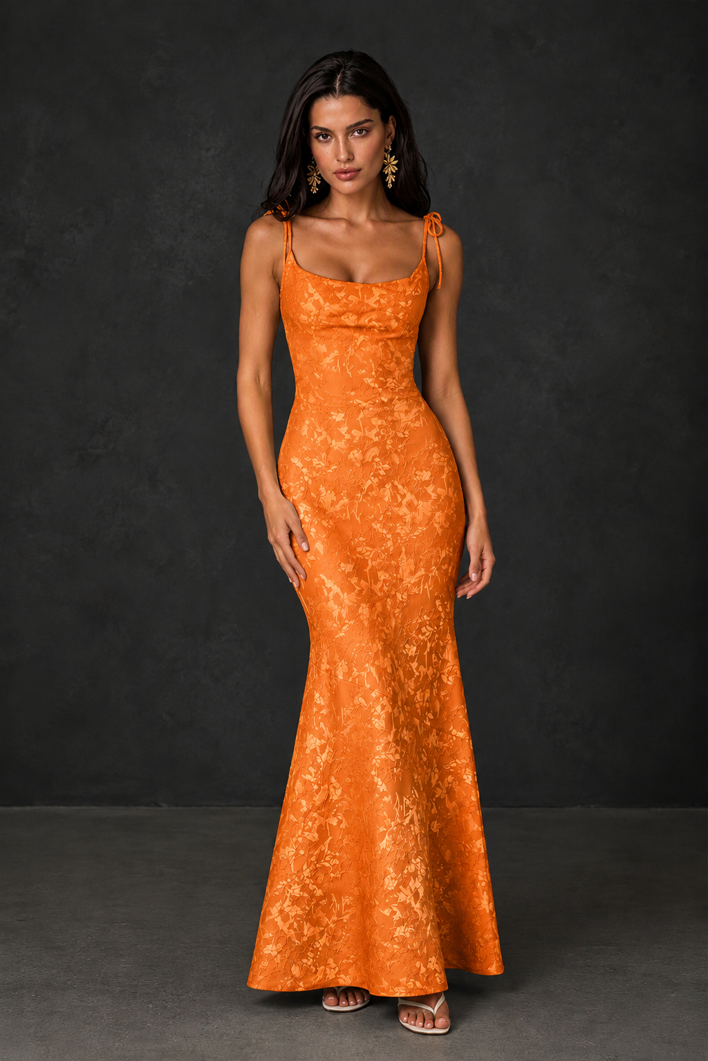 BOLODOO Orange Scoop Neck Tie Strap Lace-Up Back Floral Jacquard Mermaid Maxi Dress - Orange