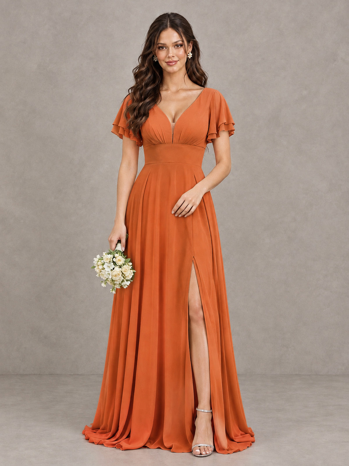 BOLODOO Orange Flutter Sleeve Chiffon A-Line Maxi Bridesmaid Dress with Open Back & Slit - Orange - Orange (1)