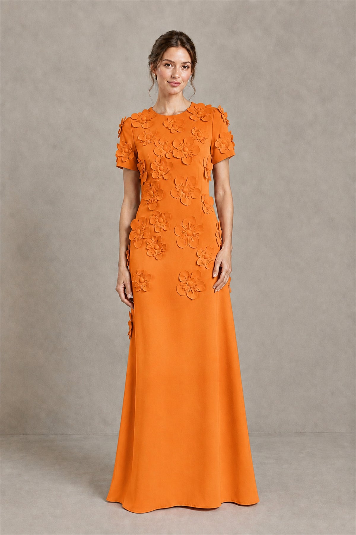 BOLODOO Orange Textured Floral Maxi Dress with Short Sleeves - Orange