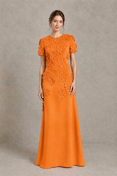 BOLODOO Orange Textured Floral Maxi Dress with Short Sleeves - Orange