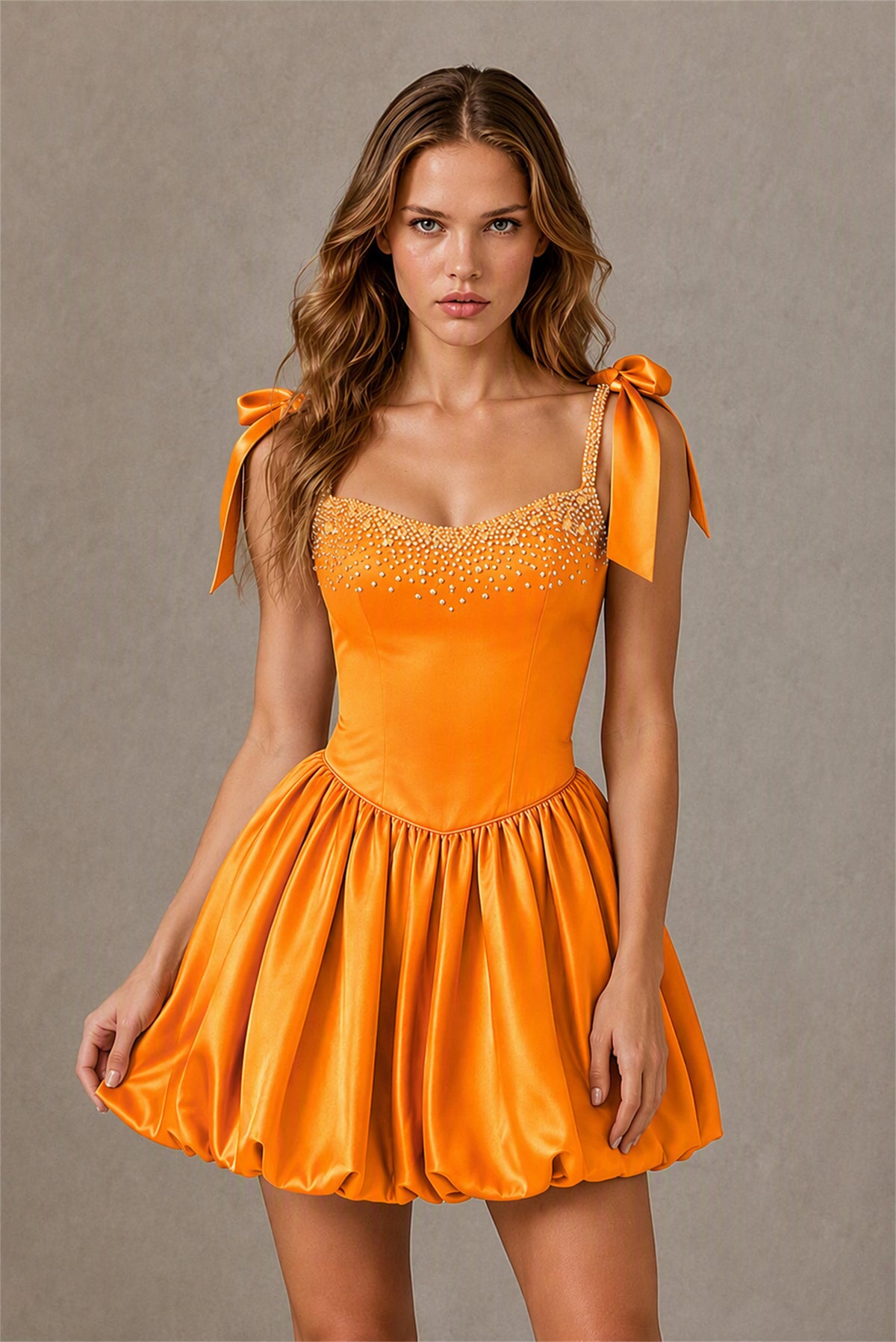 BOLODOO Orange Satin Pearl Embellished Sweetheart Bow Strap Bubble Hem Mini Dress | Cocktail Prom Homecoming Dress - Orange