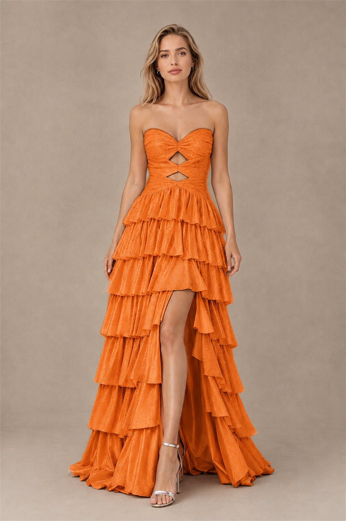 BOLODOO Orange Strapless Cutout Tiered Ruffle Prom Dress with High Slit - Orange - Orange (1)
