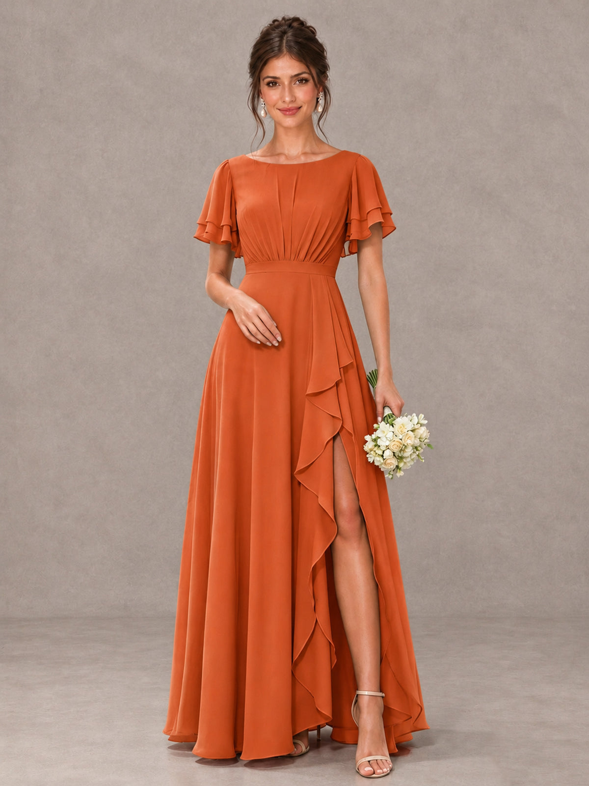 BOLODOO Orange Flutter Sleeve Ruffle Bridesmaid Dress with Slit - Orange - Orange (1)