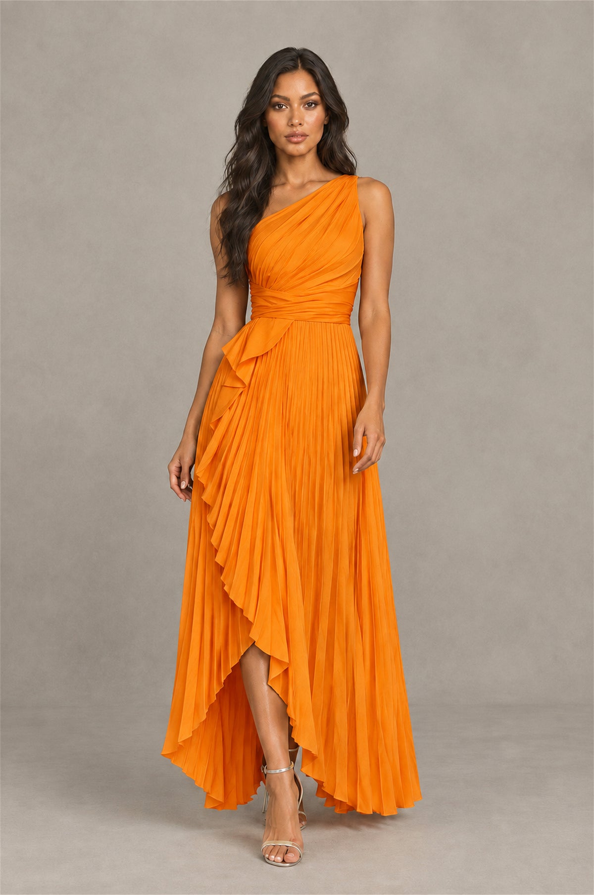 BOLODOO Orange One-Shoulder High-Low Ruffle Maxi Dress - Orange
