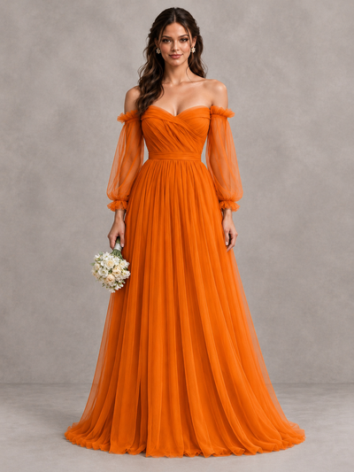 BOLODOO Orange Off-the-Shoulder Long Sleeve A-Line Bridesmaid Dress - Orange - Orange (1)