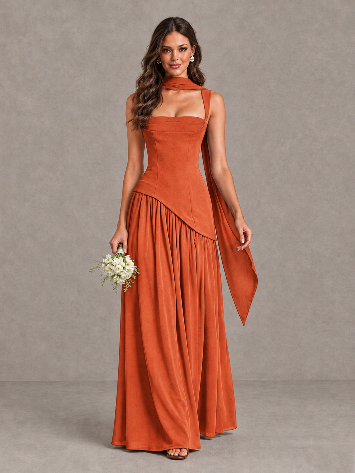 BOLODOO Orange Brown Scarf Bridesmaid Dress with Lace-Up Back - Orange - Orange (1)
