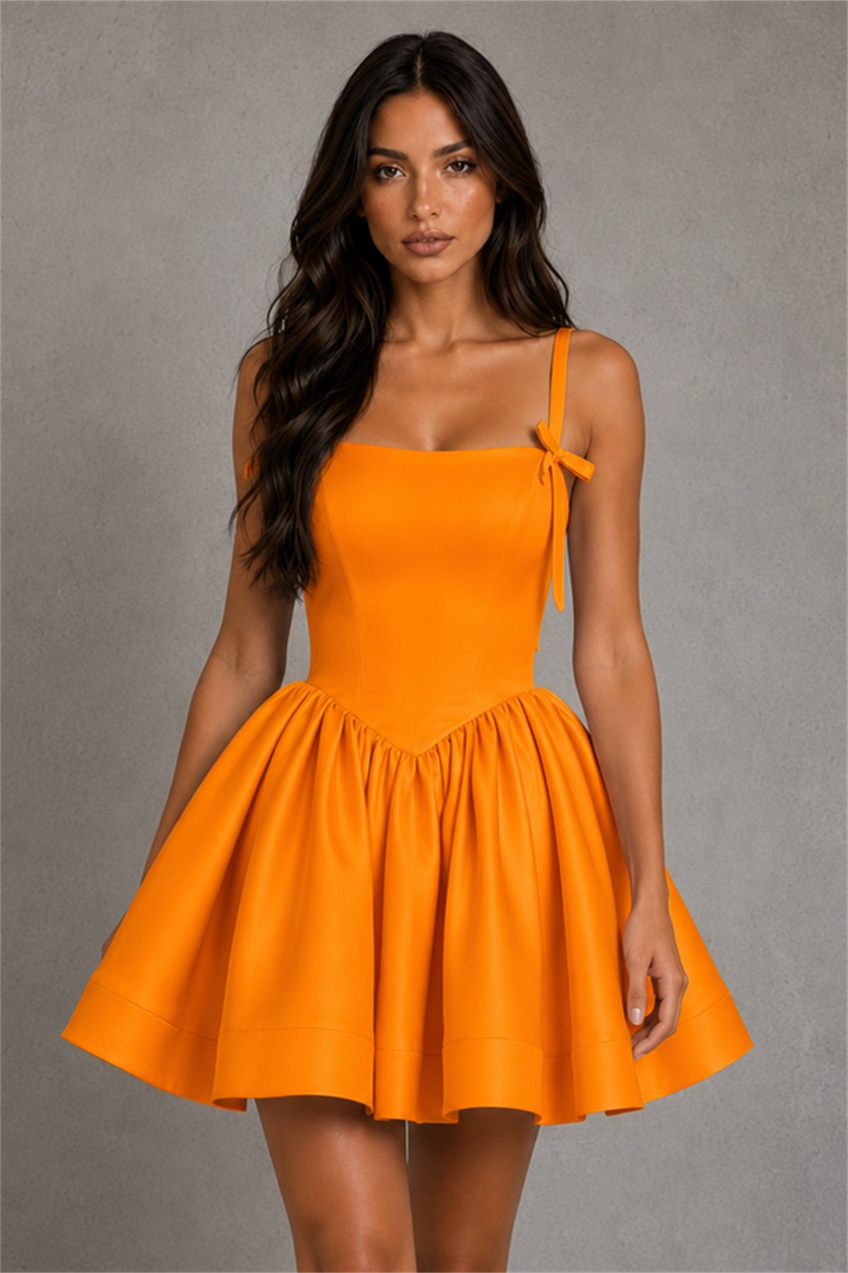 BOLODOO Baby Orange Satin Square Neck Bow Strap Lace-Up Back Bubble Mini Dress | Cocktail Party Date Night Dress - Orange