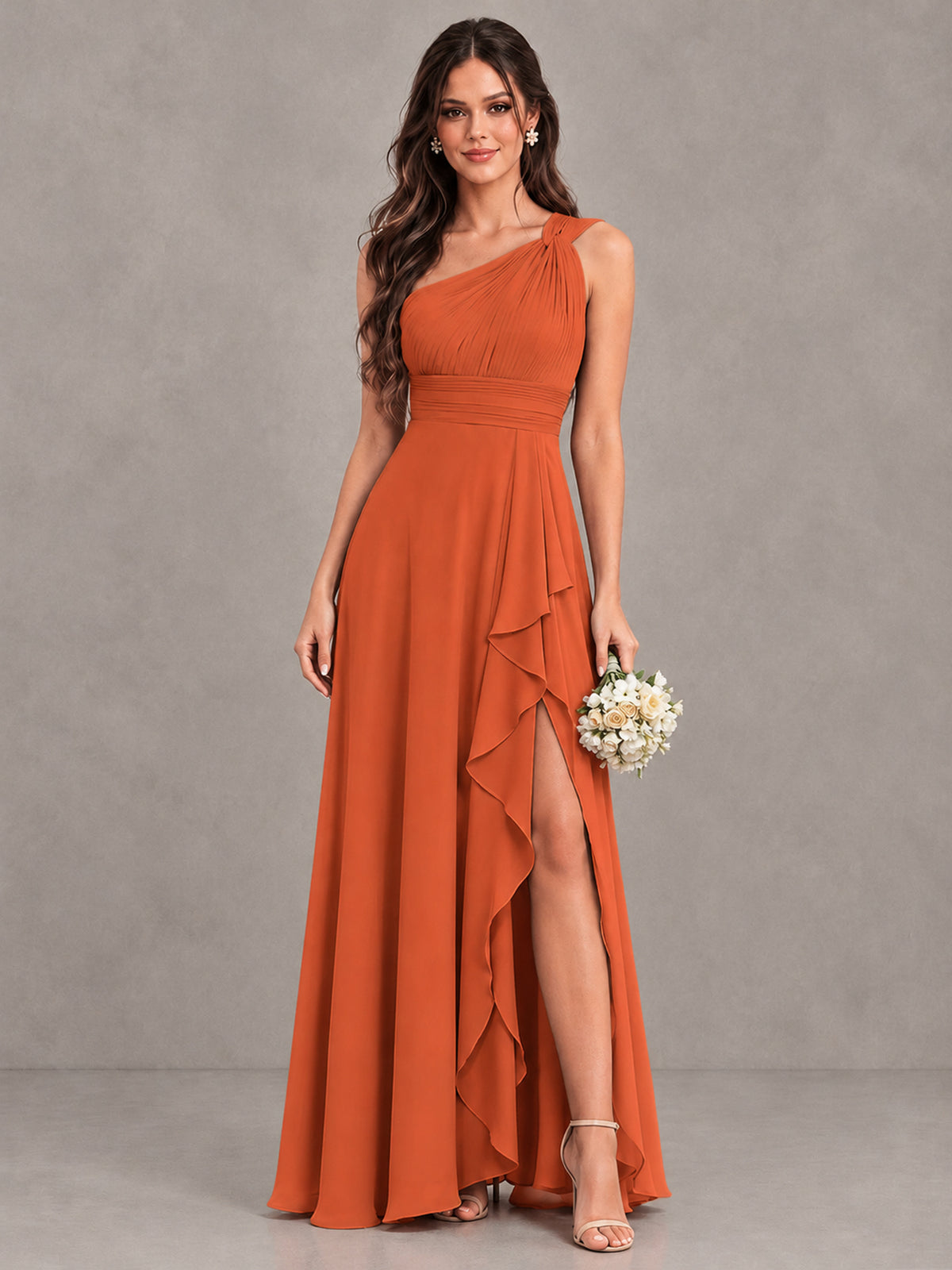 BOLODOO Orange One-Shoulder Ruffle Bridesmaid Dress with Slit - Orange - Orange (1)