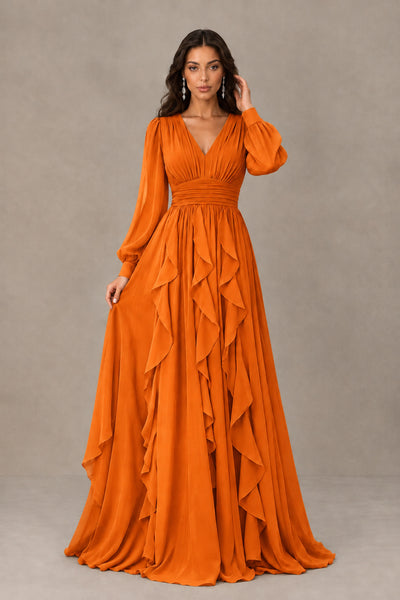 BOLODOO Orange Long Sleeve V-Neck Ruffle Maxi Dress - Orange - Orange (1)