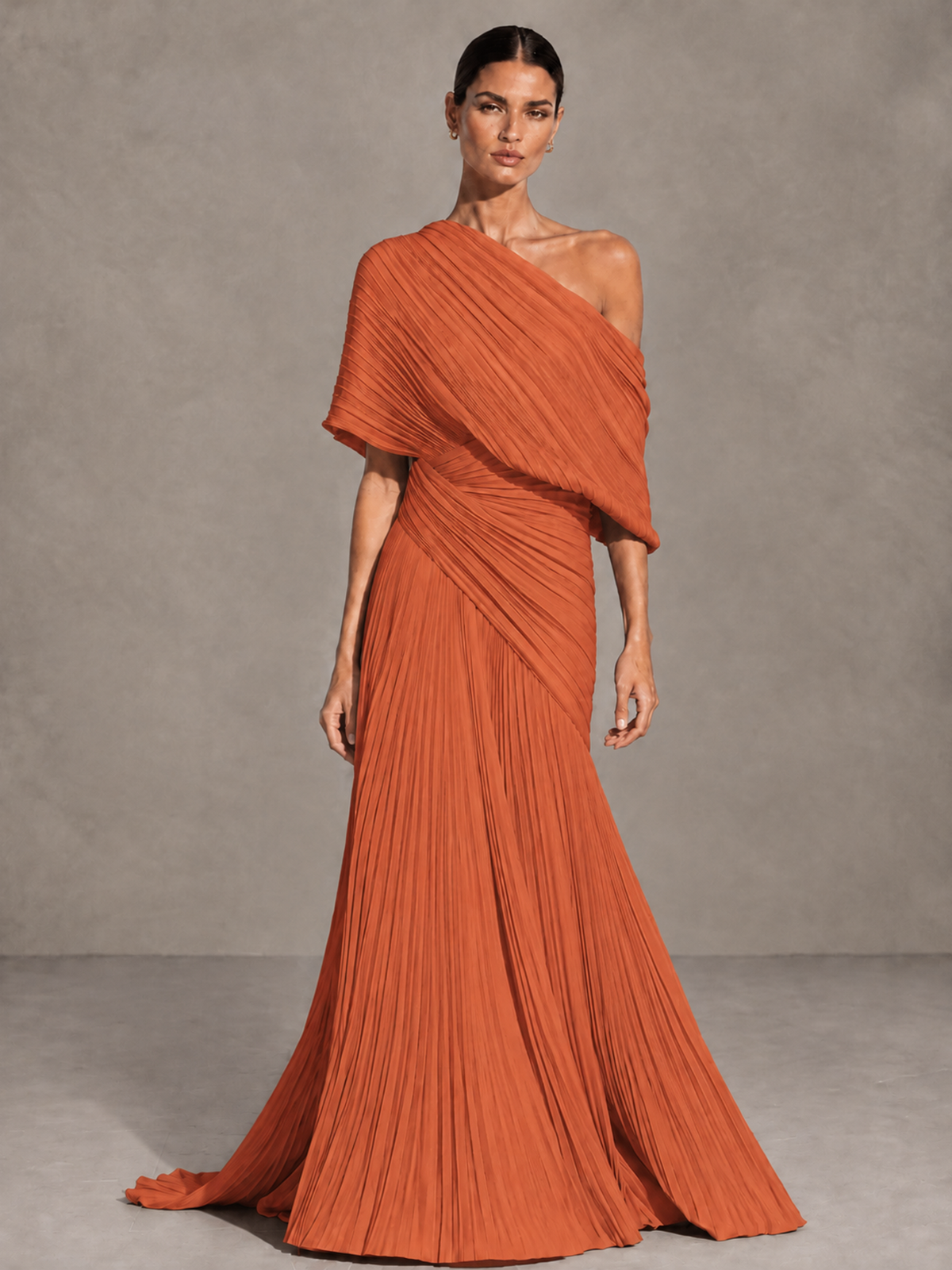 BOLODOO Orange One-Shoulder Pleated Cape Evening Gown with Train - Orange - Orange (1)