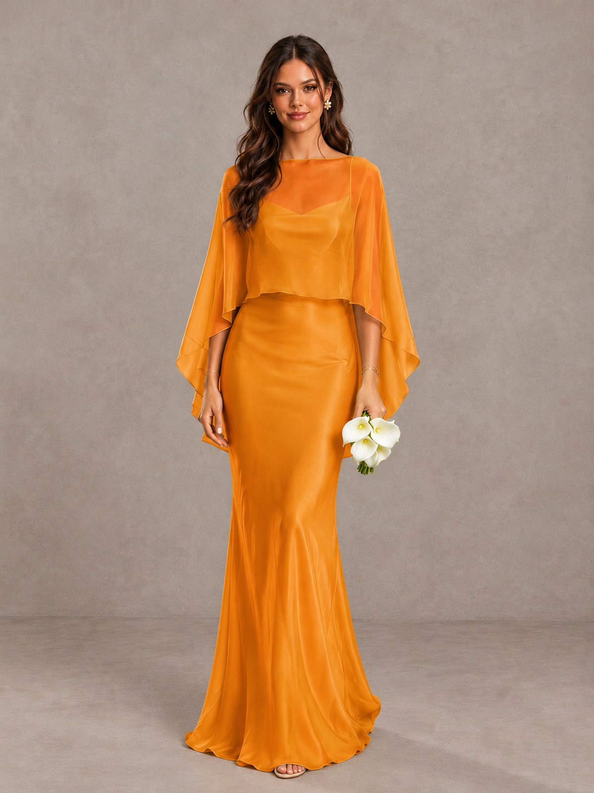 BOLODOO Orange Satin Mermaid Bridesmaid Dress with Chiffon Cape - Orange - Orange (1)